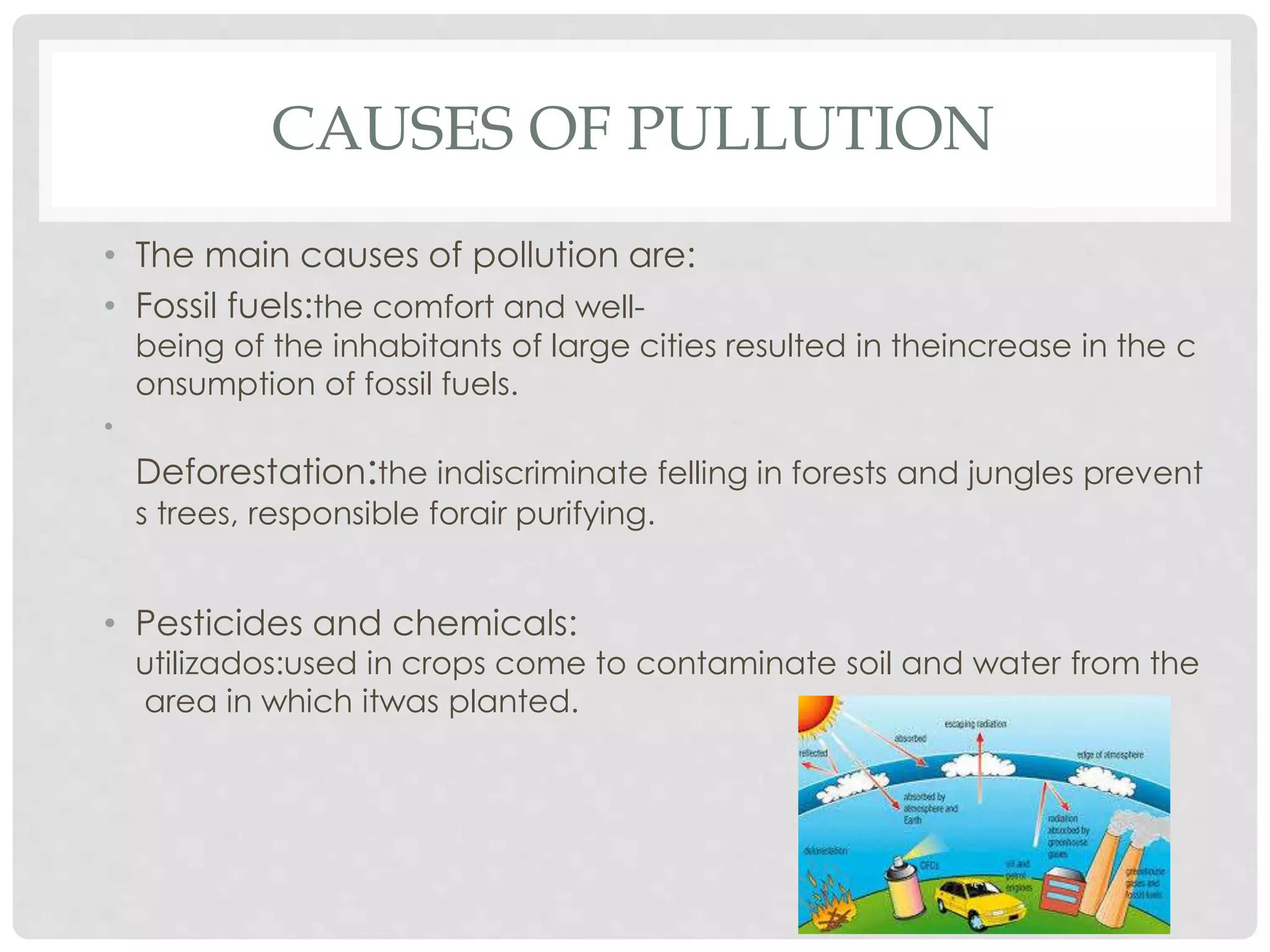 CAUSES OF PULLUTION
• The main causes of pollution are:
• Fossil fuels:the comfort and well-
being of the inhabitants of large cities resulted in theincrease in the c
onsumption of fossil fuels.
•
Deforestation:the indiscriminate felling in forests and jungles prevent
s trees, responsible forair purifying.
• Pesticides and chemicals:
utilizados:used in crops come to contaminate soil and water from the
area in which itwas planted.
 