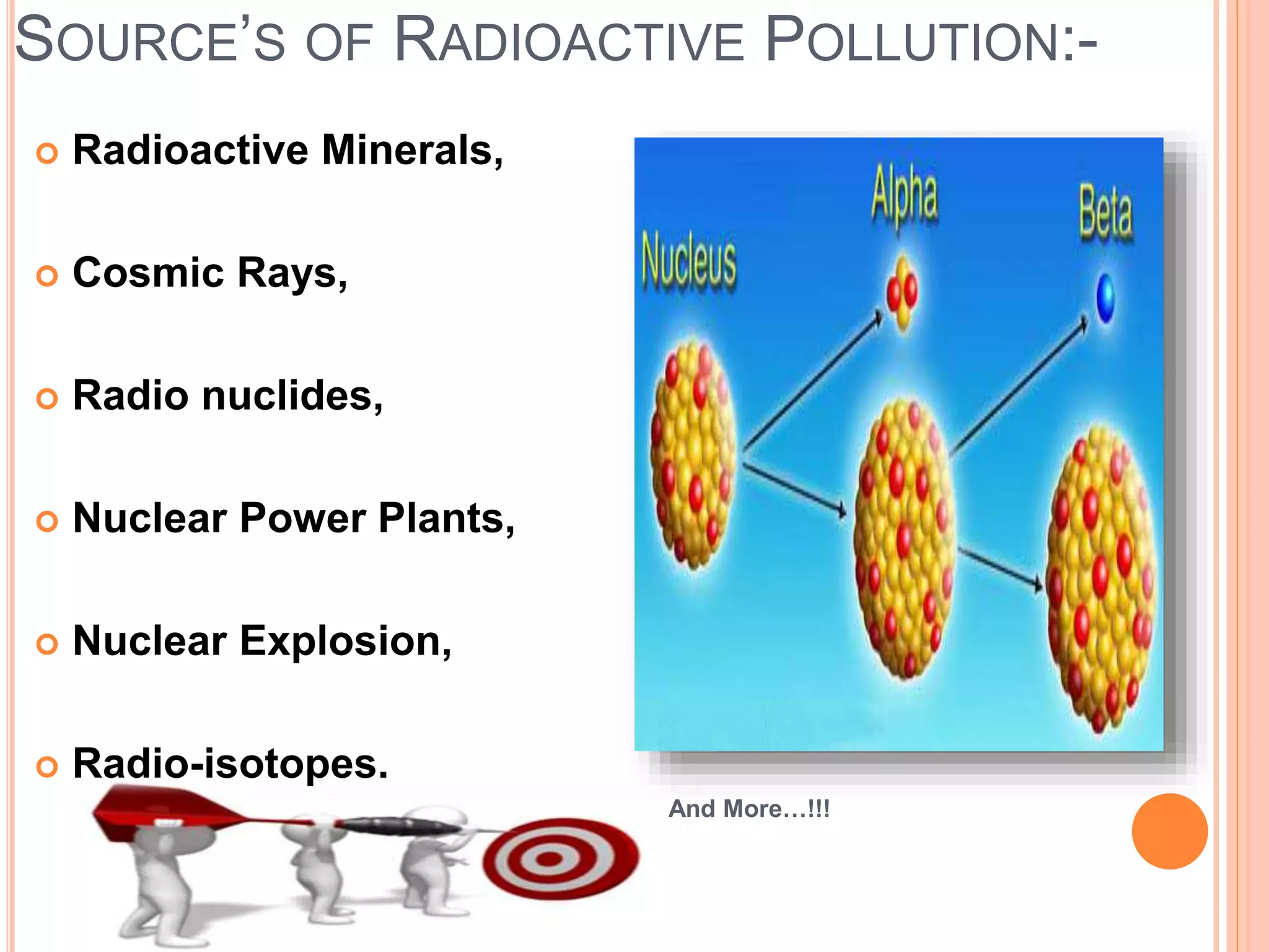  Radioactive Minerals,
 Cosmic Rays,
 Radio nuclides,
 Nuclear Power Plants,
 Nuclear Explosion,
 Radio-isotopes.
And More…!!!
SOURCE’S OF RADIOACTIVE POLLUTION:-
 