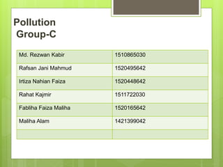 Pollution
Group-C
Md. Rezwan Kabir 1510865030
Rafsan Jani Mahmud 1520495642
Irtiza Nahian Faiza 1520448642
Rahat Kajmir 1511722030
Fabliha Faiza Maliha 1520165642
Maliha Alam 1421399042
 