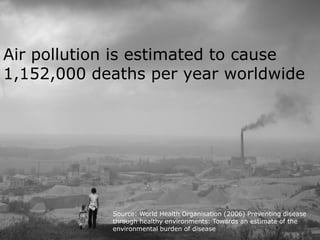 Air pollution is estimated to cause
1,152,000 deaths per year worldwide




            Source: World Health Organisation (2006) Preventing disease
            through healthy environments: Towards an estimate of the
            environmental burden of disease
 