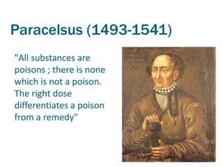 Paracelsus (1493-1541)
"All substances are
poisons ; there is none
which is not a poison.
The right dose
differentiates a poison
from a remedy"
 