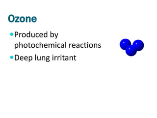 Ozone
Produced by
 photochemical reactions
Deep lung irritant
 