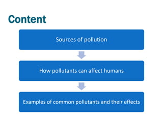 Content
               Sources of pollution



        How pollutants can affect humans




  Examples of common pollutants and their effects
 