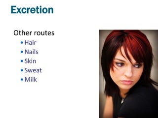 Excretion

Other routes
   Hair
   Nails
   Skin
   Sweat
   Milk
 