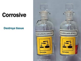 Corrosive

Destroys tissue




                  Leo Reynolds@Flickr
 