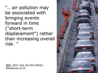 “.. air pollution may
be associated with
bringing events
forward in time
("short-term
displacement") rather
than increasing overall
risk. ”



BMJ. 2011 Sep 20;343:d5531.
Bhaskaran et al
 