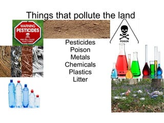 Things that pollute the land
Pesticides
Poison
Metals
Chemicals
Plastics
Litter
 