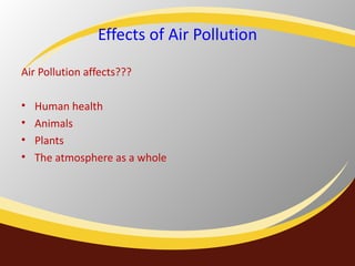 Effects of Air Pollution Air Pollution affects??? Human health Animals  Plants The atmosphere as a whole 
