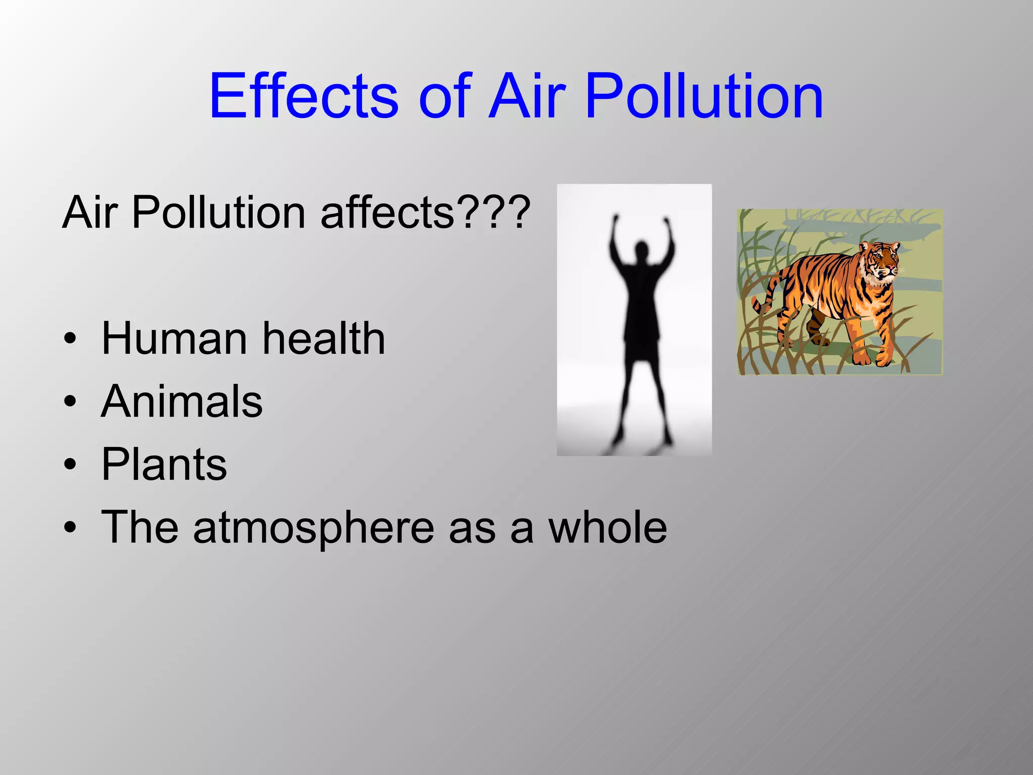 Effects of Air Pollution
Air Pollution affects???

•   Human health
•   Animals
•   Plants
•   The atmosphere as a whole
 