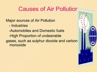 Causes of Air Pollution Major sources of Air Pollution - Industries -Automobiles and Domestic fuels -High Proportion of undesirable  gases, such as sulphur dioxide and carbon monoxide 