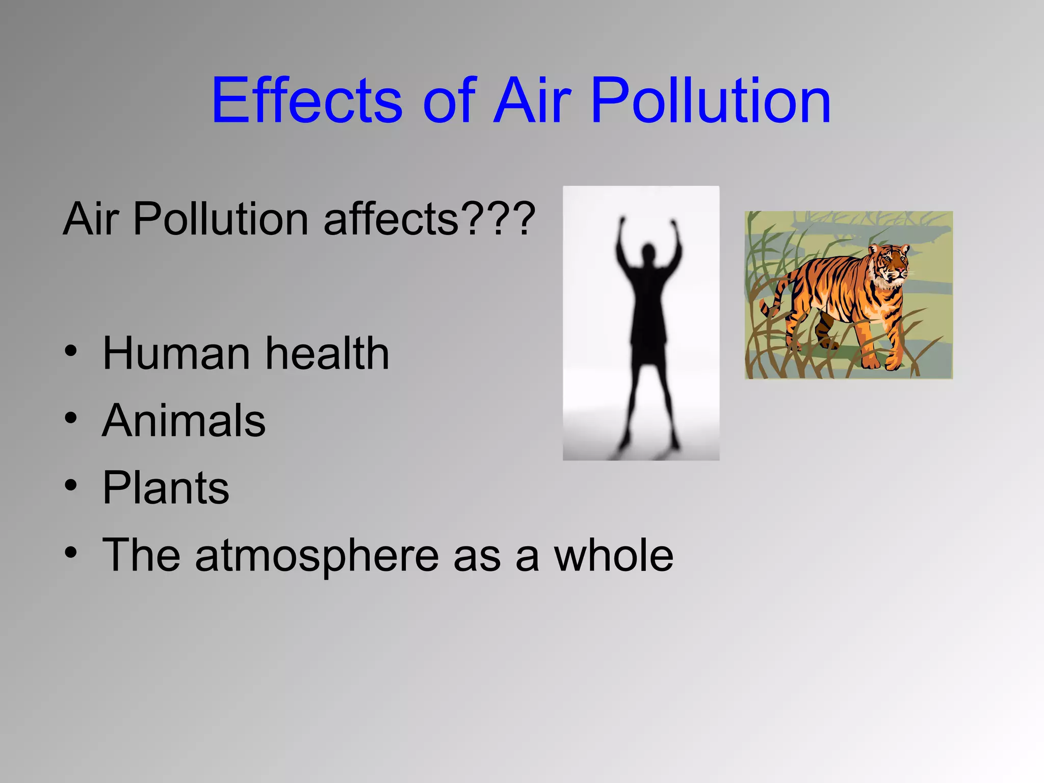 Effects of Air Pollution
Air Pollution affects???

•   Human health
•   Animals
•   Plants
•   The atmosphere as a whole
 