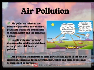 Air Pollution
✳Air pollution refers to the
release of pollutants into the air -
pollutants which are detrimental
to human ...