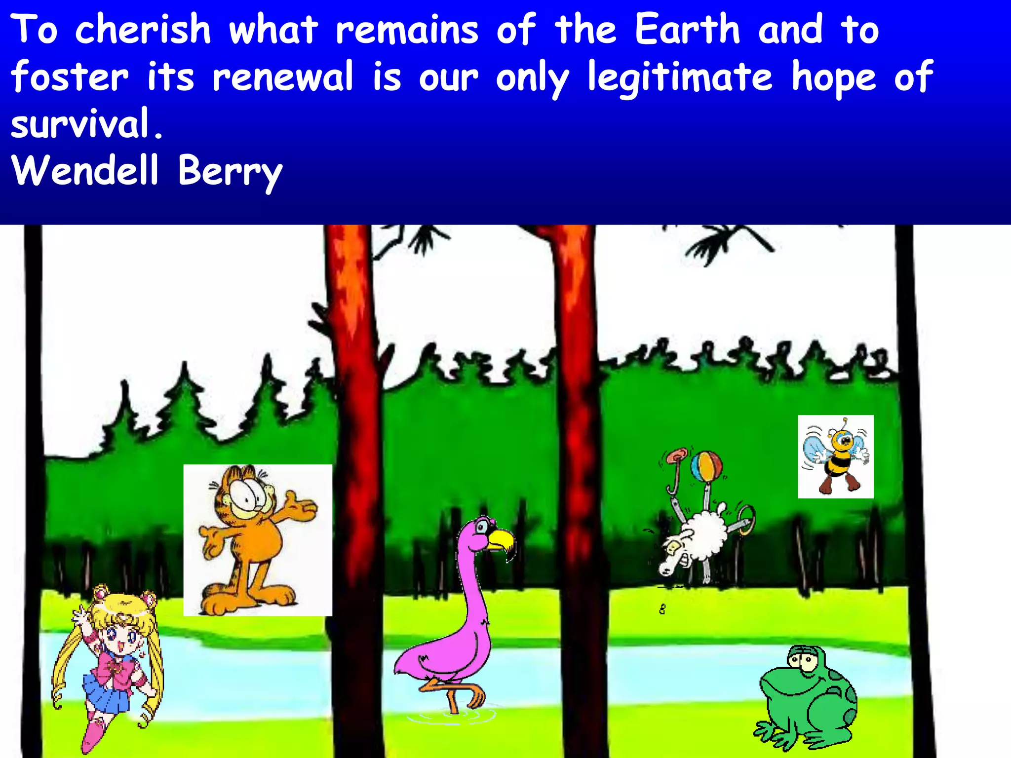 To cherish what remains of the Earth and to 
foster its renewal is our only legitimate hope of 
survival. 
Wendell Berry 
27 
 