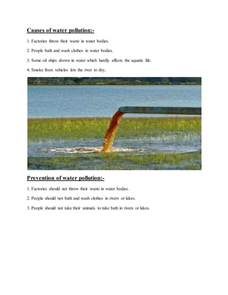 Causes of water pollution:-
1. Factories throw their waste in water bodies.
2. People bath and wash clothes in water bodies.
3. Some oil ships drown in water which hardly affects the aquatic life.
4. Smoke from vehicles lets the river to dry.
Prevention of water pollution:-
1. Factories should not throw their waste in water bodies.
2. People should not bath and wash clothes in rivers or lakes.
3. People should not take their animals to take bath in rivers or lakes.
 