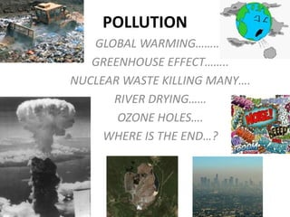 POLLUTION
GLOBAL WARMING……….
GREENHOUSE EFFECT……..
NUCLEAR WASTE KILLING MANY….
RIVER DRYING……
OZONE HOLES….
WHERE IS THE END…?

 
