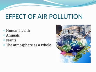 EFFECT OF AIR POLLUTION
o Human health
o Animals
o Plants
o The atmosphere as a whole
 