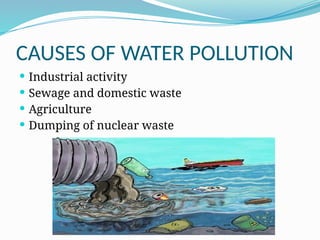 CAUSES OF WATER POLLUTION
 Industrial activity
 Sewage and domestic waste
 Agriculture
 Dumping of nuclear waste
 