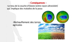 -Le trou de la couche d’Ozone (entre rayon ultraviolet)
qui implique des maladies de la peau
-Réchauffement des terres
agricoles
- Conséquences -
 