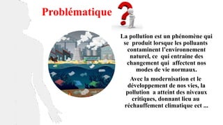 La pollution est un phénomène qui
se produit lorsque les polluants
contaminent l’environnement
naturel, ce qui entraine des
changement qui affectent nos
modes de vie normaux.
Avec la modernisation et le
développement de nos vies, la
pollution a atteint des niveaux
critiques, donnant lieu au
réchauffement climatique ect ...
Problématique
 