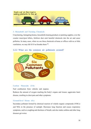 11
3. Household and Farming Chemicals .
Crop dusting, fumigating homes, household cleaning products or painting supplies, over the
counter insect/pest killers, fertilizer dust emit harmful chemicals into the air and cause
pollution. In many cases, when we use these chemicals at home or offices with no or little
ventilation, we may fall ill if we breathe them [8]
.
2.2.2 What are the common air pollutants around? .
.
Carbon Monoxide (CO) .
Fuel combustion from vehicles and engines. .
Reduces the amount of oxygen reaching the body’s organs and tissues; aggravates heart
disease, resulting in chest pain and other symptoms.
Ground-level Ozone (O3) .
Secondary pollutant formed by chemical reaction of volatile organic compounds (VOCs)
and NOx in the presence of sunlight. Decreases lung function and causes respiratory
symptoms, such as coughing and shortness of breath, and also makes asthma and other lung
diseases get worse.
 