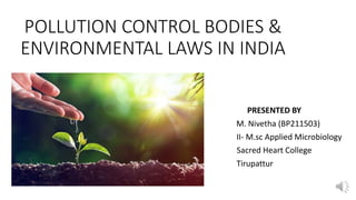 POLLUTION CONTROL BODIES &
ENVIRONMENTAL LAWS IN INDIA
PRESENTED BY
M. Nivetha (BP211503)
II- M.sc Applied Microbiology
Sacred Heart College
Tirupattur
 