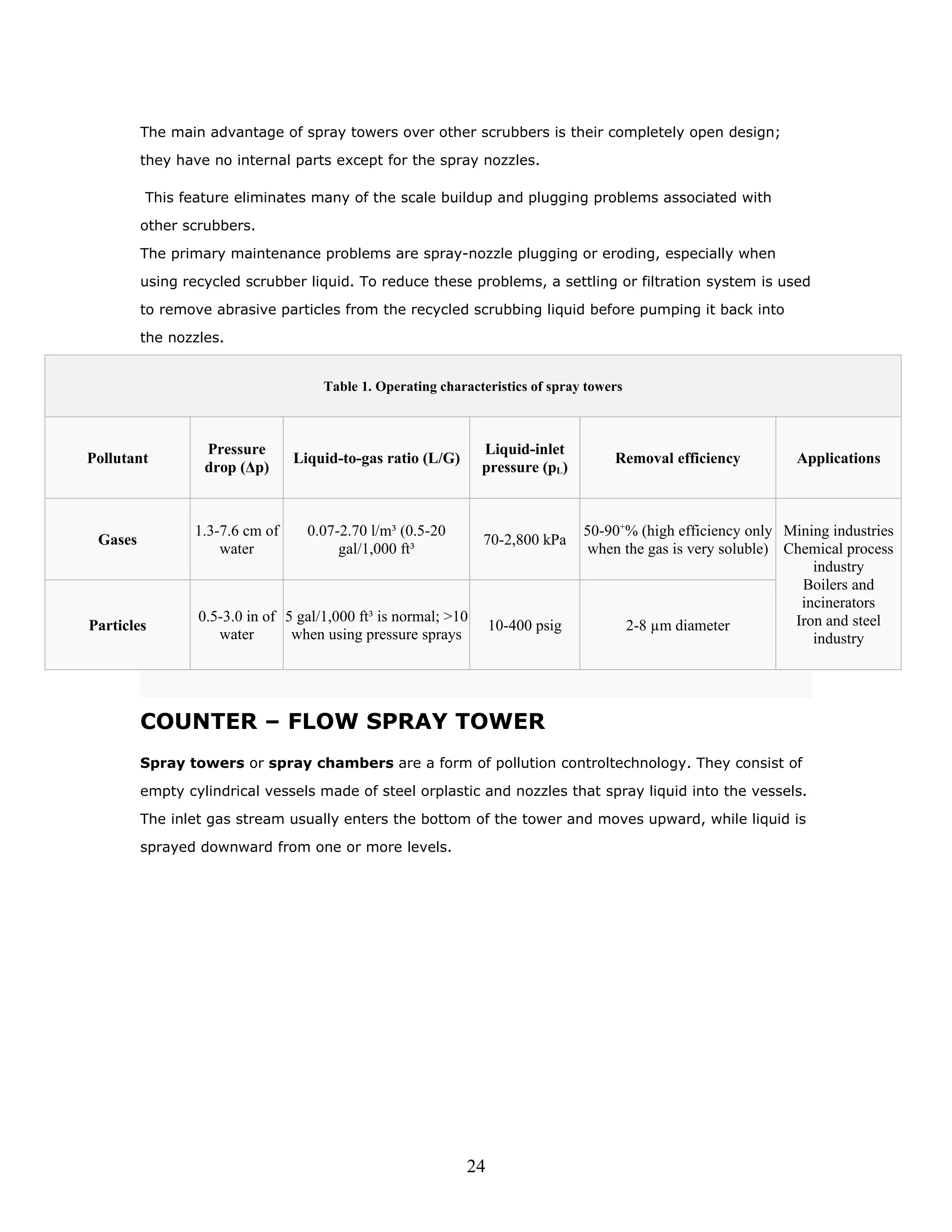 The main advantage of spray towers over other scrubbers is their completely open design;

         they have no internal parts except for the spray nozzles.

         This feature eliminates many of the scale buildup and plugging problems associated with

         other scrubbers.

         The primary maintenance problems are spray-nozzle plugging or eroding, especially when

         using recycled scrubber liquid. To reduce these problems, a settling or filtration system is used

         to remove abrasive particles from the recycled scrubbing liquid before pumping it back into

         the nozzles.


                                     Table 1. Operating characteristics of spray towers



                  Pressure                                      Liquid-inlet
Pollutant                       Liquid-to-gas ratio (L/G)                            Removal efficiency         Applications
                  drop (Δp)                                     pressure (pL)



                1.3-7.6 cm of     0.07-2.70 l/m³ (0.5-20                        50-90+% (high efficiency only Mining industries
 Gases                                                          70-2,800 kPa
                    water              gal/1,000 ft³                             when the gas is very soluble) Chemical process
                                                                                                                   industry
                                                                                                                 Boilers and
                                                                                                                 incinerators
                 0.5-3.0 in of 5 gal/1,000 ft³ is normal; >10                                                   Iron and steel
Particles                                                        10-400 psig          2-8 µm diameter
                    water       when using pressure sprays                                                         industry




         COUNTER – FLOW SPRAY TOWER
         Spray towers or spray chambers are a form of pollution controltechnology. They consist of

         empty cylindrical vessels made of steel orplastic and nozzles that spray liquid into the vessels.

         The inlet gas stream usually enters the bottom of the tower and moves upward, while liquid is

         sprayed downward from one or more levels.




                                                            24
 