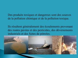 Des produits toxiques et dangereux sont des sources
de la pollution chimique et de la pollution toxique.
Ils résultent généralement des écoulements provenant
des routes pavées et des pesticides, des déversements
industriels et des fuites de pétroles.
 