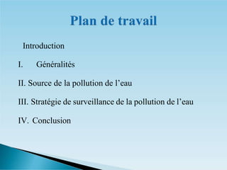 Introduction
I. Généralités
II. Source de la pollution de l’eau
III. Stratégie de surveillance de la pollution de l’eau
IV. Conclusion
 