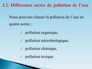 Nous pouvons classer la pollution de l’eau en
quatre sortes :
✓ pollution organique,
✓ pollution microbiologique,
✓ pollution chimique,
✓ pollution toxique.
 