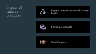 Impact of
railway
pollution
Impact on environment & human
health
Economic impacts
Social impacts
 