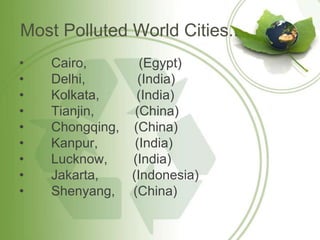 Most Polluted World Cities..
•   Cairo,       (Egypt)
•   Delhi,       (India)
•   Kolkata,    (India)
•   Tianjin,    (China)
•   Chongqing, (China)
•   Kanpur,     (India)
•   Lucknow,   (India)
•   Jakarta,   (Indonesia)
•   Shenyang, (China)
 