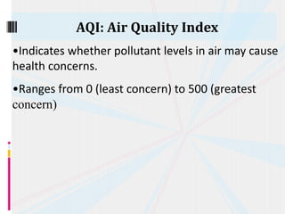 AQI: Air Quality Index
•Indicates whether pollutant levels in air may cause
health concerns.
•Ranges from 0 (least concern) to 500 (greatest
concern)
 