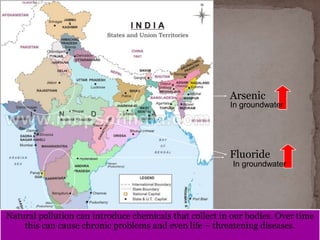 Arsenic
Fluoride
Natural pollution can introduce chemicals that collect in our bodies. Over time
this can cause chronic problems and even life – threatening diseases.
In groundwater
In groundwater
 