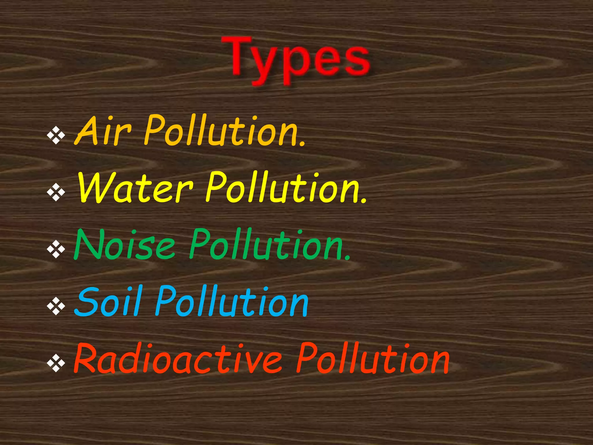 Air Pollution. 
Water Pollution. 
Noise Pollution. 
Soil Pollution 
Radioactive Pollution 
 