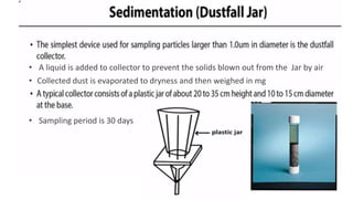 • A liquid is added to collector to prevent the solids blown out from the Jar by air
• Sampling period is 30 days
• Collected dust is evaporated to dryness and then weighed in mg
 