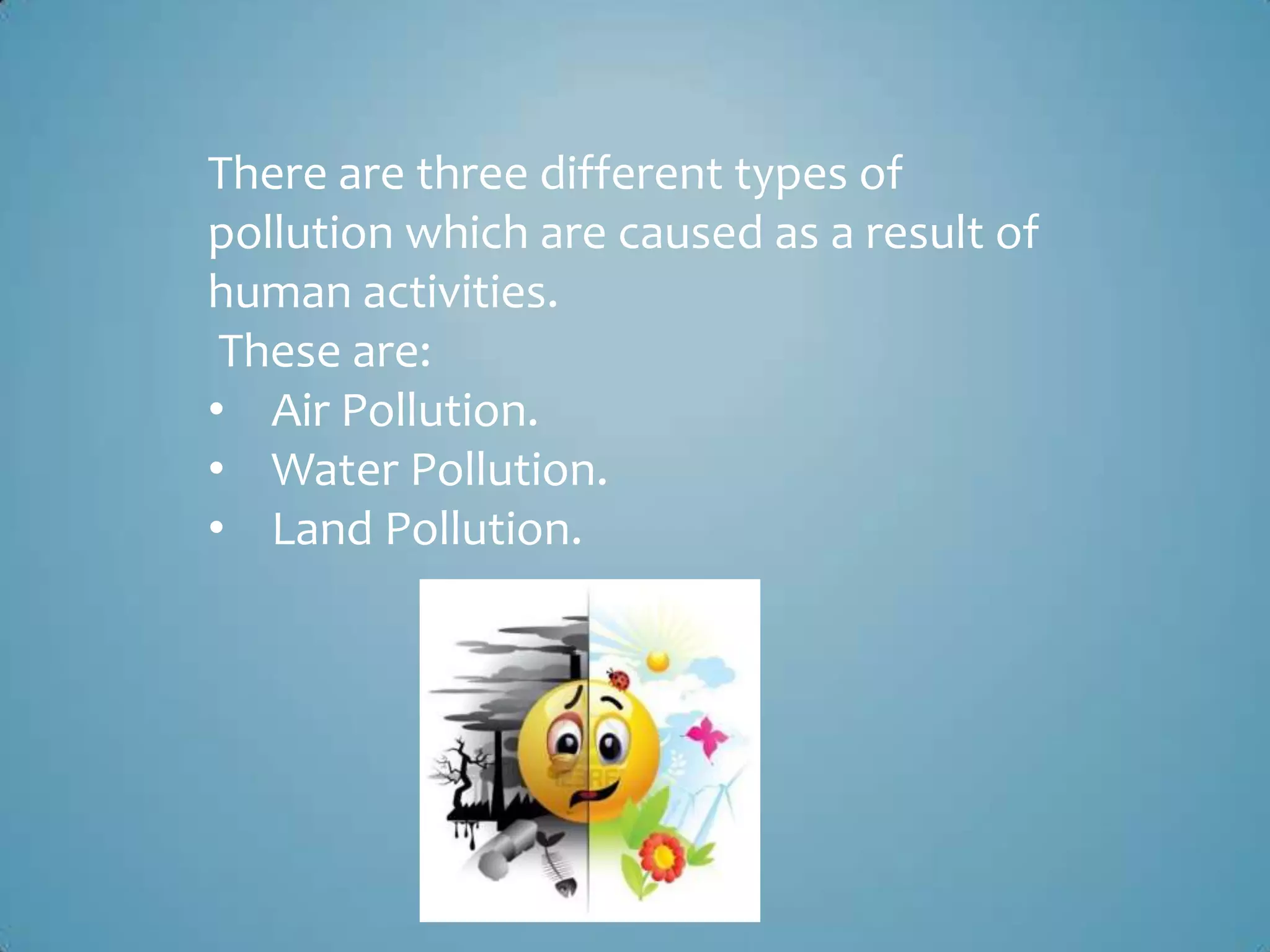 There are three different types of
pollution which are caused as a result of
human activities.
These are:
• Air Pollution.
• Water Pollution.
• Land Pollution.

 