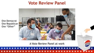 Vote Review Panel
A Vote Review Panel at work
One Democrat
One Republican
One “Other”
 