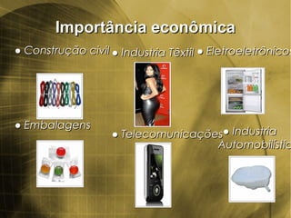 Importância econômicaImportância econômica
●● Construção civilConstrução civil
●● EmbalagensEmbalagens
●● Industria TêxtilIndustria Têxtil
●● TelecomunicaçõesTelecomunicações
●● EletroeletrônicosEletroeletrônicos
●● IndustriaIndustria
AutomobilísticAutomobilístic
 