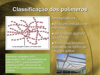 Classificação dos polímerosClassificação dos polímeros
TermoplásticosTermoplásticos
●● Mais encontrados noMais encontrados no
mercado;mercado;
●● Se fundem quandoSe fundem quando
aquecidos;aquecidos;
●● Moléculas linearesMoléculas lineares
dispostas na forma dedispostas na forma de
cordões soltos.cordões soltos.
Exemplos: polietileno (PE),Exemplos: polietileno (PE),
polipropileno (PP), poli(tereftalato depolipropileno (PP), poli(tereftalato de
etileno) (PET), policarbonato(PC),etileno) (PET), policarbonato(PC),
poliestireno(PS), poli(cloreto depoliestireno(PS), poli(cloreto de
vinila) (PVC), poli(metilmetacrilato)vinila) (PVC), poli(metilmetacrilato)
(PMMA).(PMMA).
 