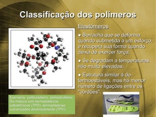 Classificação dos polímerosClassificação dos polímeros
ElastômerosElastômeros
●● BBorracha que se deformaorracha que se deforma
quando submetida a um esforço,quando submetida a um esforço,
e recupera sua forma quandoe recupera sua forma quando
deixa de exercer força;deixa de exercer força;
●● SSe degradam a temperaturase degradam a temperaturas
não muito elevadas;não muito elevadas;
●● EEstrutura similar à dostrutura similar à do
termoestáveis, mas há menortermoestáveis, mas há menor
número de ligações entre osnúmero de ligações entre os
"cordões"."cordões".
Exemplos: polibutadieno, poliisobutileno,Exemplos: polibutadieno, poliisobutileno,
Da mistura com termoplásticos:Da mistura com termoplásticos:
poliolefínicos (TPO), termoplástcisopoliolefínicos (TPO), termoplástciso
vulcanizados dinamicamente (TPV).vulcanizados dinamicamente (TPV).
 