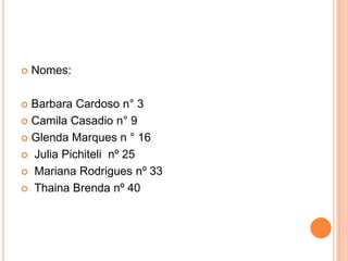  Nomes:
 Barbara Cardoso n° 3
 Camila Casadio n° 9
 Glenda Marques n ° 16
 Julia Pichiteli nº 25
 Mariana Rodrigues nº 33
 Thaina Brenda nº 40
 