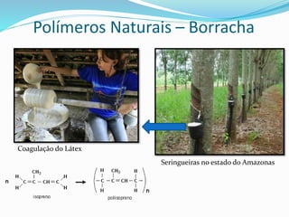 Polímeros Naturais – Borracha
Seringueiras no estado do Amazonas
Coagulação do Látex
 