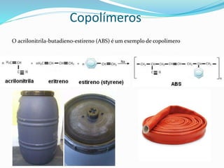 Copolímeros
O acrilonitrila-butadieno-estireno (ABS) é um exemplo de copolímero
 