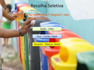 Recolha Seletiva
Quando se faz separação (“triagem”) dos
materiais para reciclagem.


                   Verde - Vidro


                Azul - Cartão, Papel


              Amarelo - Plástico, Metal
 