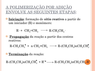 A POLIMERIZAÇÃO POR ADIÇÃO
ENVOLVE AS SEGUINTES ETAPAS:
Iniciação: formação de sítio reativo a partir de
um iniciador (R) e monômero:
Propagação da reação a partir dos centros
reativos:
Terminação da reação:
R· + CH2=CH2 R-CH2CH2·
R-CH2CH2 + n CH2=CH2 R-(CH2CH2)nCH2CH2
R-(CH2CH2)nCH2CH2 + R’ R-(CH2CH2)nCH2CH2-R’