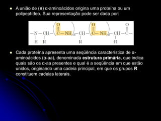  A união de (n) α-aminoácidos origina uma proteína ou um
polipeptídeo. Sua representação pode ser dada por:
 Cada proteína apresenta uma seqüência característica de α-
aminoácidos (α-aa), denominada estrutura primária, que indica
quais são os α-aa presentes e qual é a seqüência em que estão
unidos, originando uma cadeia principal, em que os grupos R
constituem cadeias laterais.
 