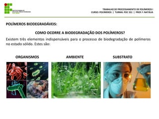 Polímeros (biodegradáveis, oxibiodegradáveis, biopolímeros e polímeros verdes) Slide 6