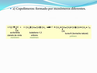  2) Copolímeros: formado por monômeros diferentes.
 