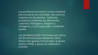 Las proteínas funcionan como material
estructural en los animales, tal como la
celulosa en las plantas. Todas las
proteínas contienen los elementos
carbono, hidrógeno, oxígeno y
nitrógeno, y casi todas ellas contienen
azufre.
Las proteínas están formadas por cerca
de 20 aminoácidos diferentes. Estos
tienen dos grupos funcionales: el grupo
amino (-NH2) y grupo el carboxilo (-
COOH).