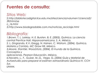 Fuentes de consulta:
Sitios Web:
2.http://bibliotecadigital.ilce.edu.mx/sites/ciencia/volumen1/ciencia2/
39/html/se
c_16.html
3.http://www.biodegradable.com.mx/noticias_reciclaje.html
Bibliografía:
1.Brown. T. L. LeMay. H. E. Bursten. B. E. (2003), Química. La ciencia
central Prentice Hall, Hispanoamericana. S. A. México.
2. L. Dingrando, K.V.,Gregg, N. Hainen, C. Wistrom, (2004), Química.
Materia y Cambio, MC Graw Hill, México.
3.Moore. Stanitski. Wood.Kotz. (2004), El mundo de la Química.
Conceptos y
aplicaciones, Pearson Educación, México.
6.Navarro, L., F., Guizar, M.,G., Vega, G.,(2004) Guía y Material de
Autoestudio para preparar el exámen extraordinario Química IV, CCH
Sur,
UNAM.
 
